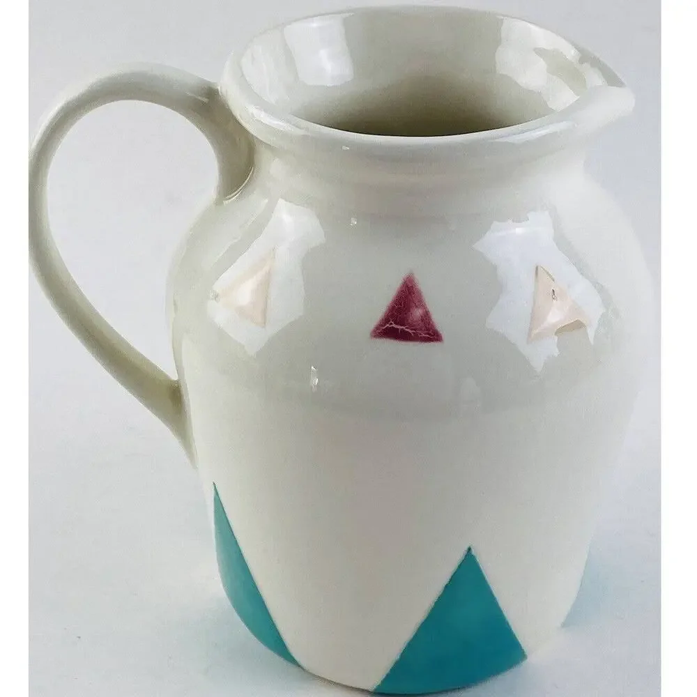 STORYTELLER ARTS Graphic Pitcher Pot Triangles Rare Turquoise Hand Painted 6.5
